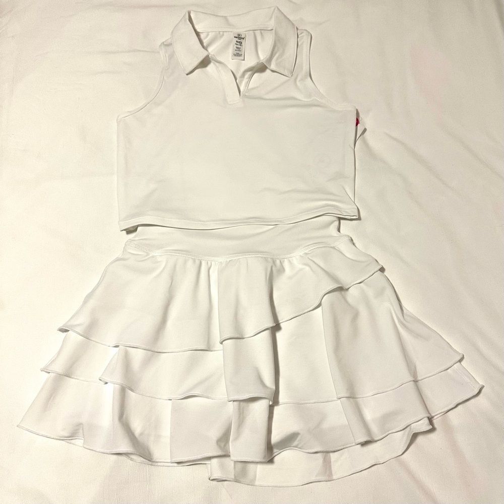 NWT 90 Degree By Reflex Girls White ruffled layered skirt and shirt set sz 10